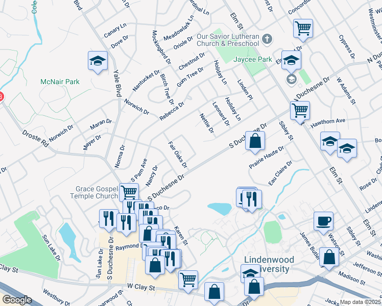 map of restaurants, bars, coffee shops, grocery stores, and more near 7 Oakwood Drive in Saint Charles