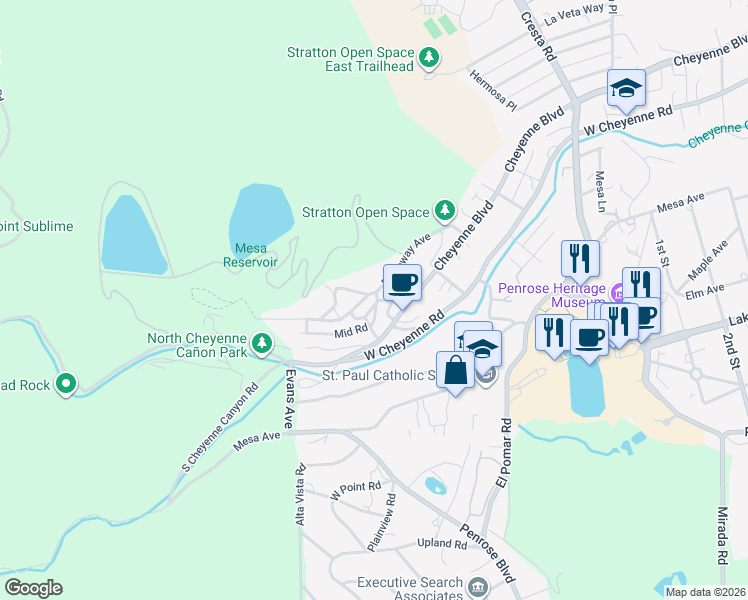 map of restaurants, bars, coffee shops, grocery stores, and more near 1808 Mid Place in Colorado Springs