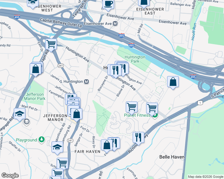 map of restaurants, bars, coffee shops, grocery stores, and more near 2318 Fairview Terrace in Alexandria