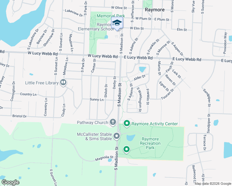 map of restaurants, bars, coffee shops, grocery stores, and more near 717 Derby Street in Raymore