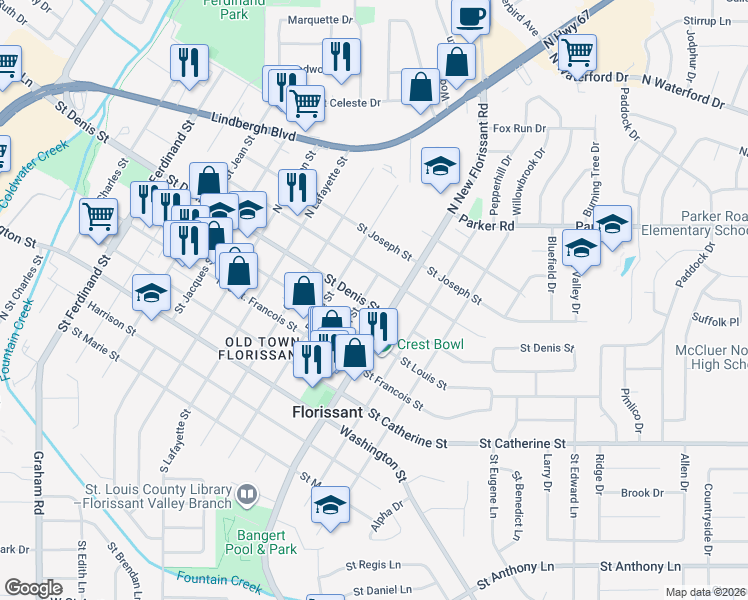 map of restaurants, bars, coffee shops, grocery stores, and more near 1003 Saint Denis Street in Florissant