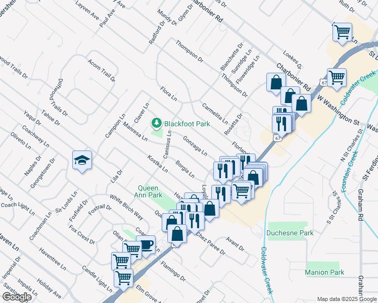 map of restaurants, bars, coffee shops, grocery stores, and more near 815 Manresa Lane in Florissant