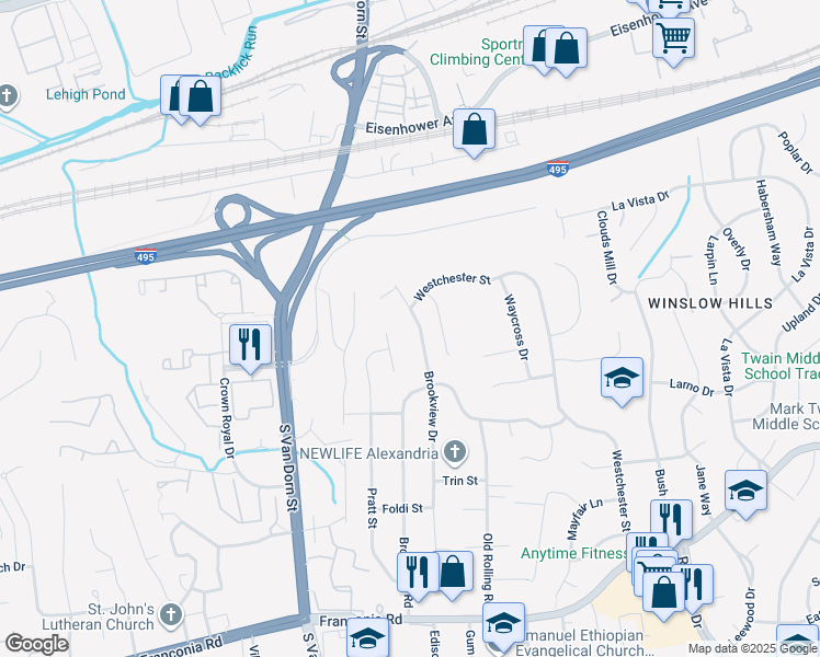 map of restaurants, bars, coffee shops, grocery stores, and more near 5822 Brookview Drive in Alexandria