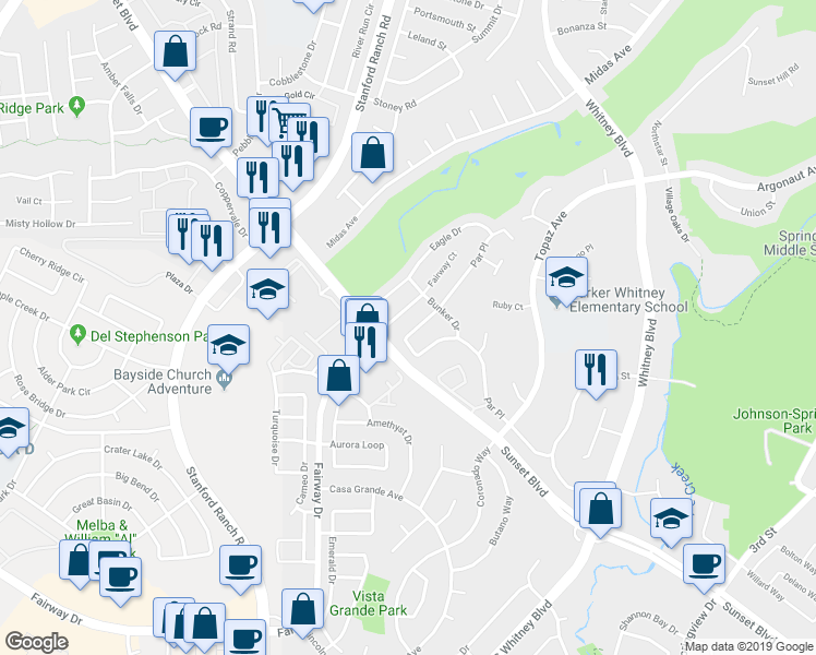 map of restaurants, bars, coffee shops, grocery stores, and more near 5312 Par Place in Rocklin