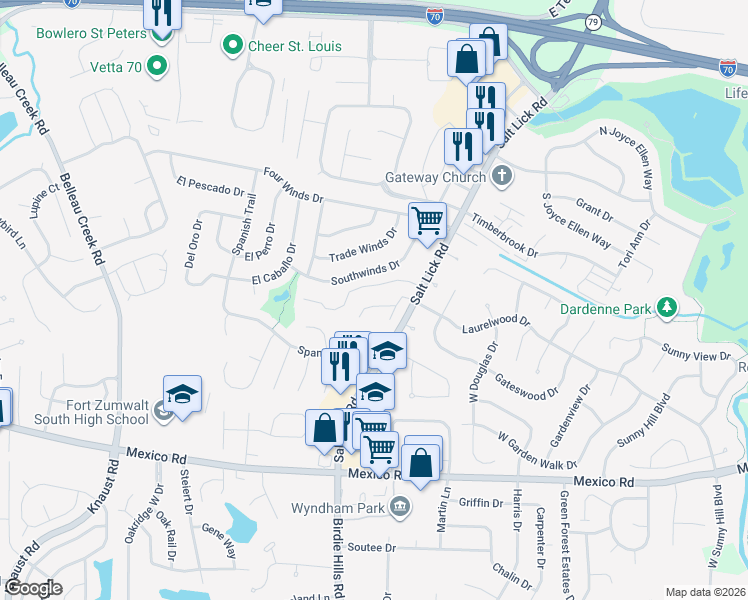 map of restaurants, bars, coffee shops, grocery stores, and more near 564 Summer Winds Lane in St. Peters