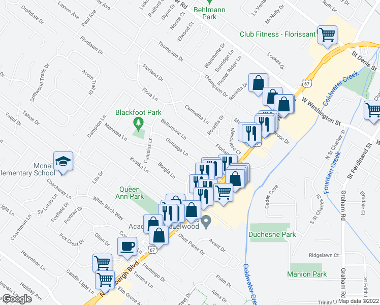 map of restaurants, bars, coffee shops, grocery stores, and more near 755 Gonzaga Lane in Florissant
