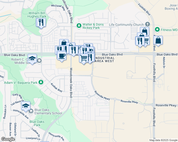 map of restaurants, bars, coffee shops, grocery stores, and more near 9030-9698 Woodcreek Oaks Boulevard in Roseville