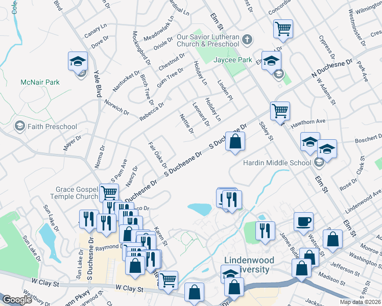 map of restaurants, bars, coffee shops, grocery stores, and more near 405 South Duchesne Drive in Saint Charles