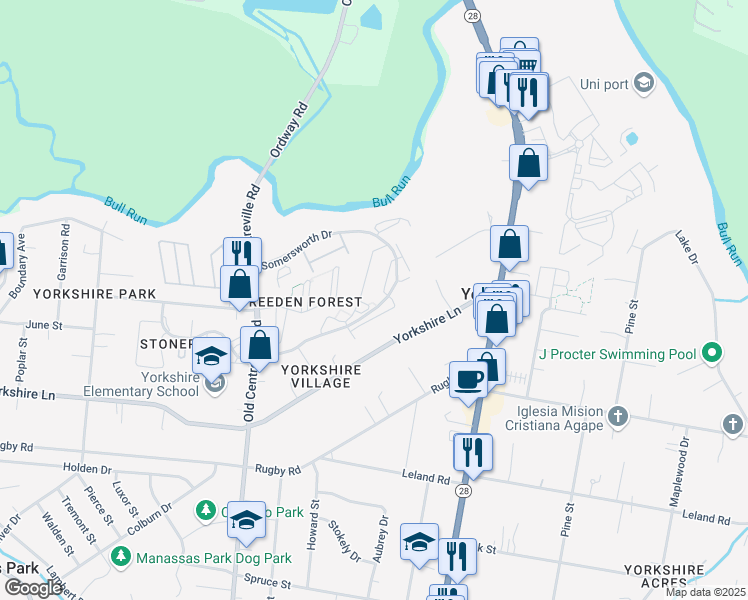 map of restaurants, bars, coffee shops, grocery stores, and more near 7671 Chadds Landing Way in Manassas