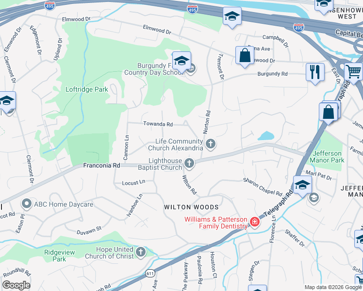 map of restaurants, bars, coffee shops, grocery stores, and more near 3611 Lakota Road in Alexandria