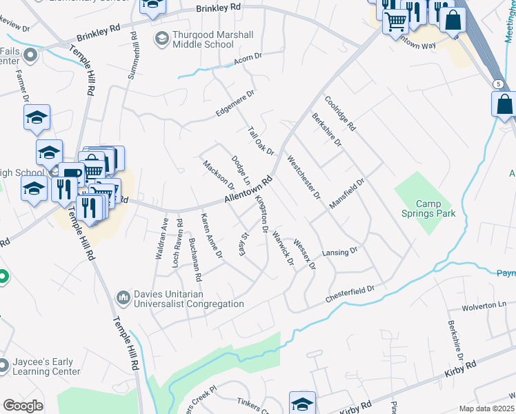 map of restaurants, bars, coffee shops, grocery stores, and more near 5207 Alderney Place in Temple Hills