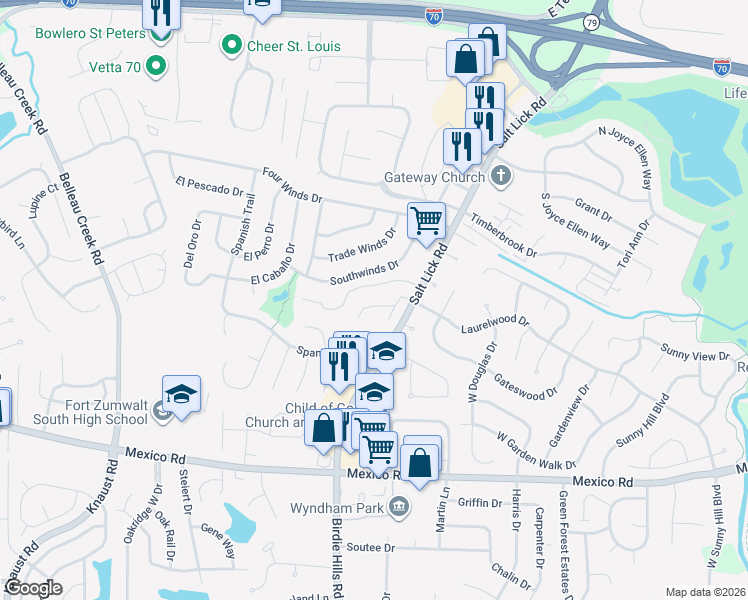 map of restaurants, bars, coffee shops, grocery stores, and more near 634 Summer Winds Lane in Saint Peters