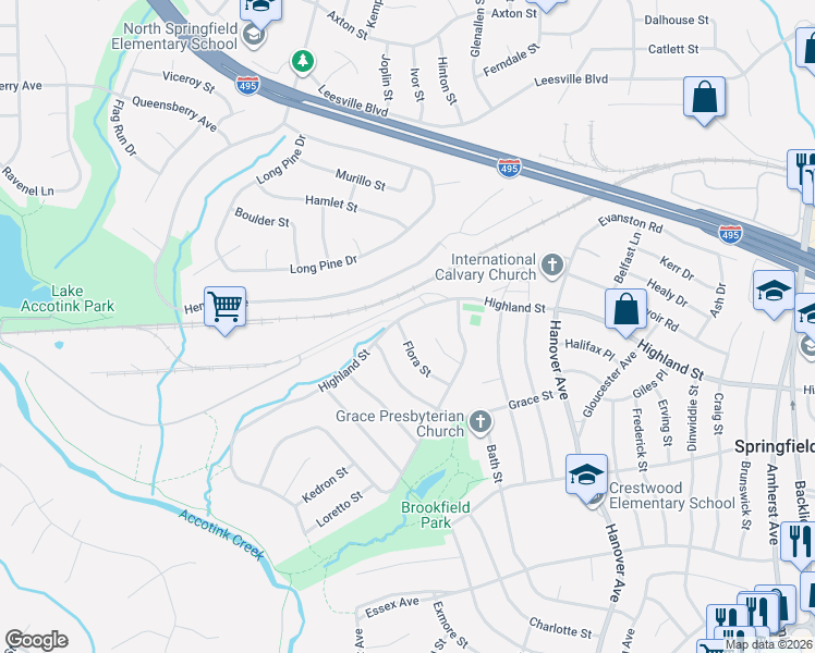 map of restaurants, bars, coffee shops, grocery stores, and more near 7428 Flora Street in Springfield