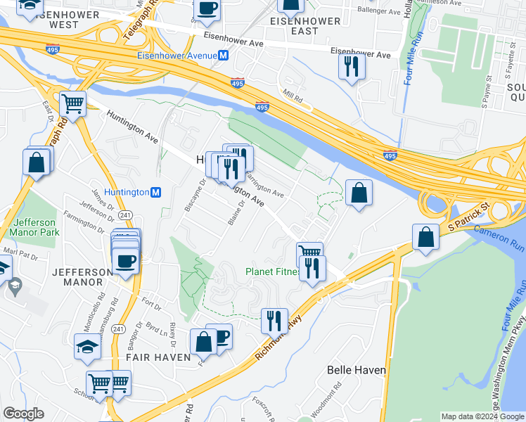 map of restaurants, bars, coffee shops, grocery stores, and more near 5803 Fifer Drive in Alexandria