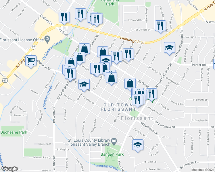 map of restaurants, bars, coffee shops, grocery stores, and more near 560 North Jefferson Street in Florissant