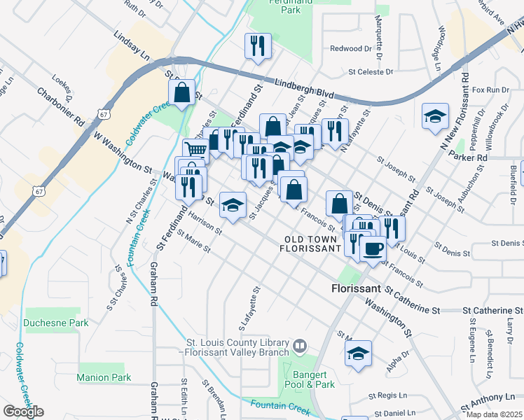 map of restaurants, bars, coffee shops, grocery stores, and more near 520 Saint Catherine Street in Florissant
