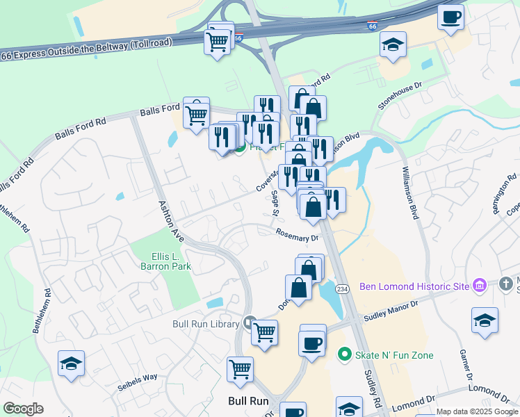 map of restaurants, bars, coffee shops, grocery stores, and more near 10816 Daisy Court in Manassas