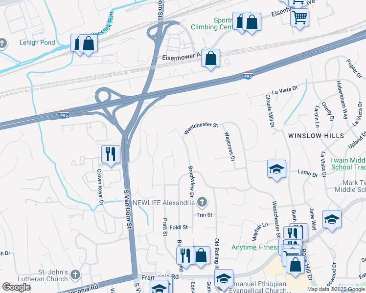 map of restaurants, bars, coffee shops, grocery stores, and more near 5822 Brookview Drive in Alexandria
