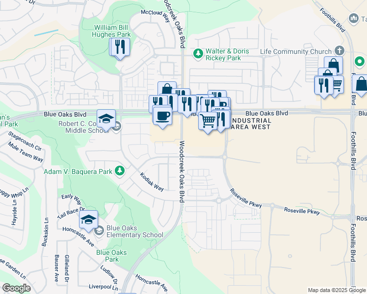 map of restaurants, bars, coffee shops, grocery stores, and more near 9030 Woodcreek Oaks Boulevard in Roseville