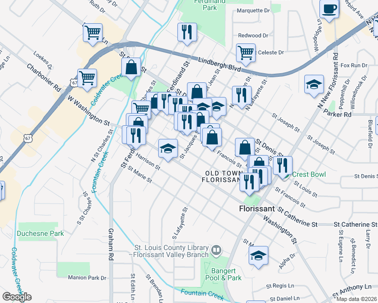 map of restaurants, bars, coffee shops, grocery stores, and more near 520 St Catherine St in Florissant
