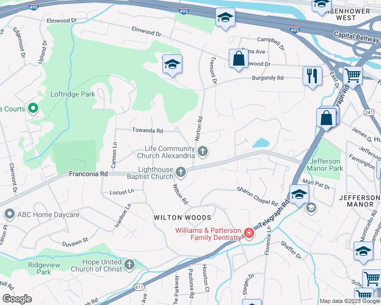 map of restaurants, bars, coffee shops, grocery stores, and more near 3601 Lakota Road in Alexandria
