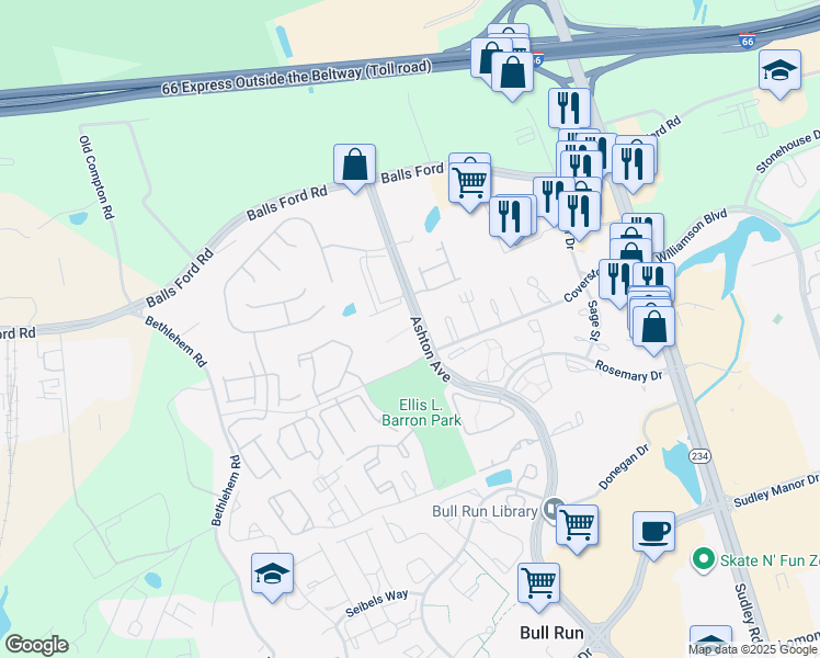 map of restaurants, bars, coffee shops, grocery stores, and more near 11052 Camfield Court in Manassas