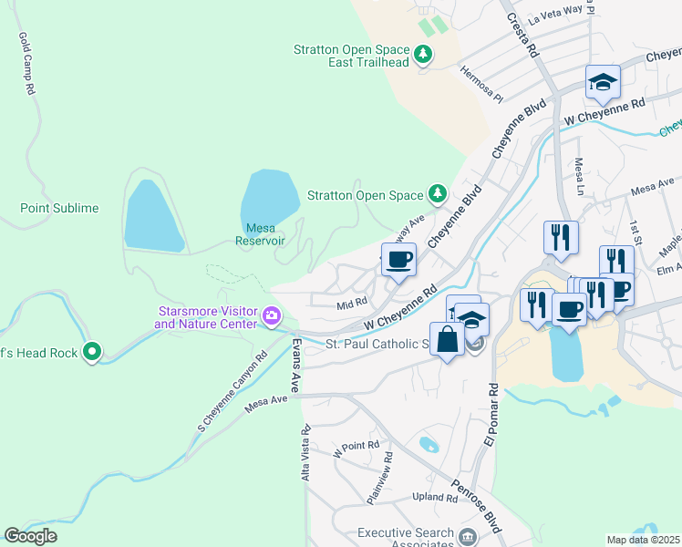 map of restaurants, bars, coffee shops, grocery stores, and more near 309 Altura Way in Colorado Springs