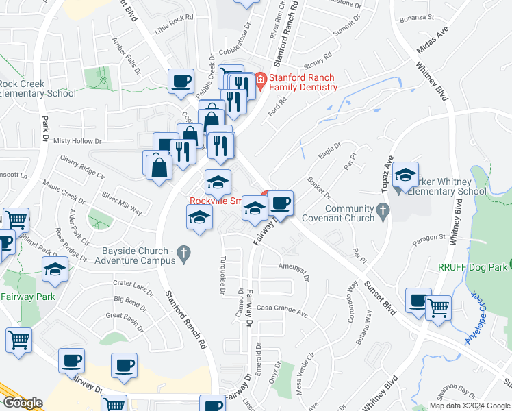 map of restaurants, bars, coffee shops, grocery stores, and more near 2808 Beachcomber Drive East in Rocklin