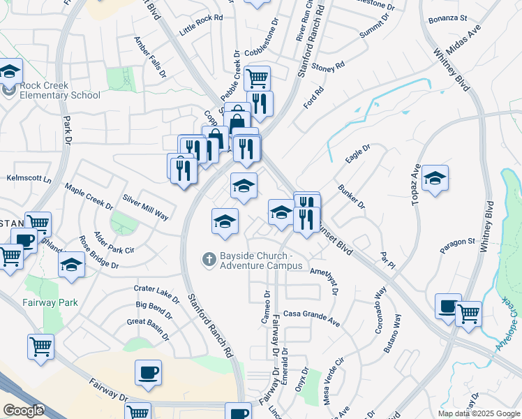 map of restaurants, bars, coffee shops, grocery stores, and more near 2405 Zephyr Cove in Rocklin