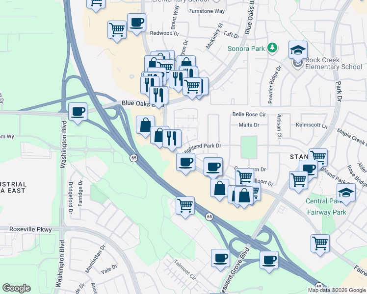 map of restaurants, bars, coffee shops, grocery stores, and more near 9196 Cortina Circle in Roseville