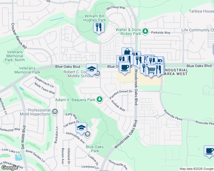 map of restaurants, bars, coffee shops, grocery stores, and more near 9136 Pinto Canyon Way in Roseville
