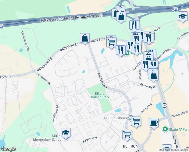 map of restaurants, bars, coffee shops, grocery stores, and more near in Manassas