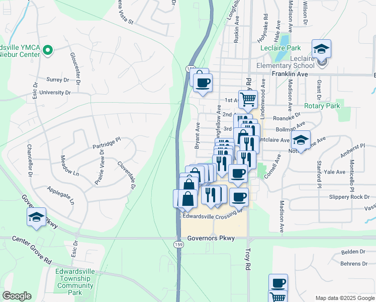 map of restaurants, bars, coffee shops, grocery stores, and more near 1701 Bryant Avenue in Edwardsville