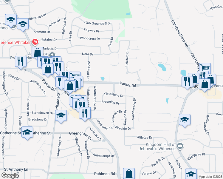 map of restaurants, bars, coffee shops, grocery stores, and more near 4120 Parker Road in Florissant
