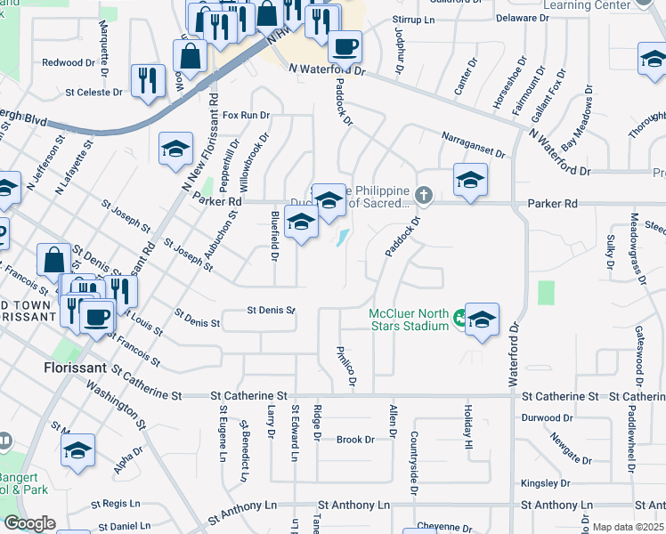 map of restaurants, bars, coffee shops, grocery stores, and more near 2302 Parker Road in Florissant