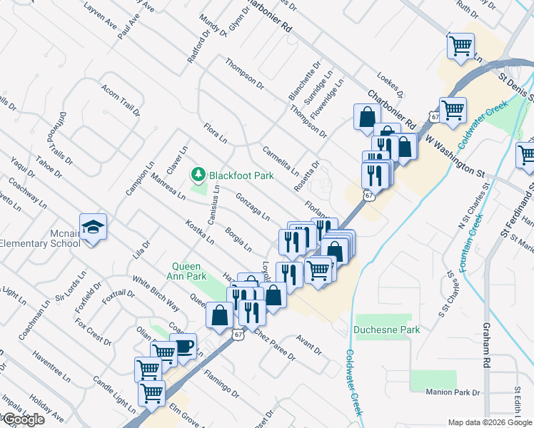 map of restaurants, bars, coffee shops, grocery stores, and more near 755 Gonzaga Lane in Florissant