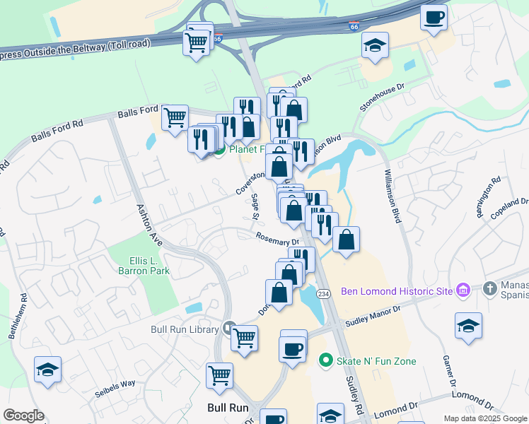 map of restaurants, bars, coffee shops, grocery stores, and more near 7533 Sage Street in Manassas