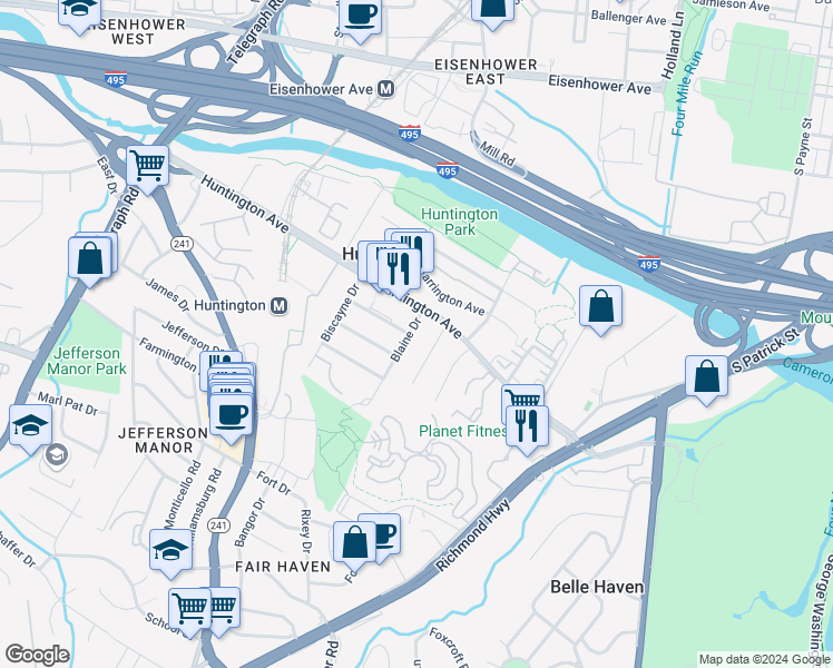 map of restaurants, bars, coffee shops, grocery stores, and more near 5815 Blaine Drive in Alexandria