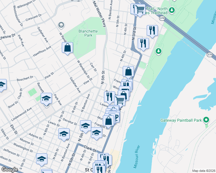 map of restaurants, bars, coffee shops, grocery stores, and more near 1319 North 4th Street in Saint Charles