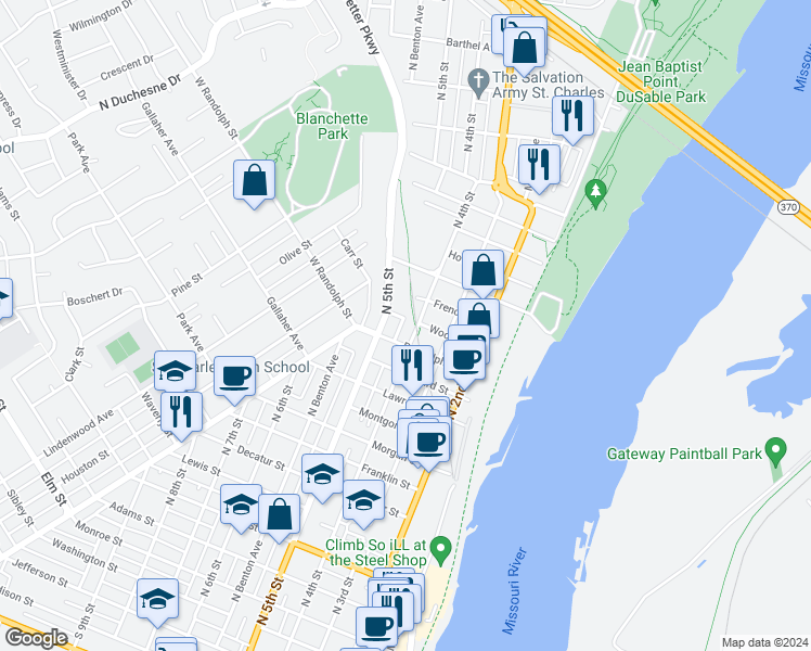 map of restaurants, bars, coffee shops, grocery stores, and more near 1319 North 4th Street in Saint Charles