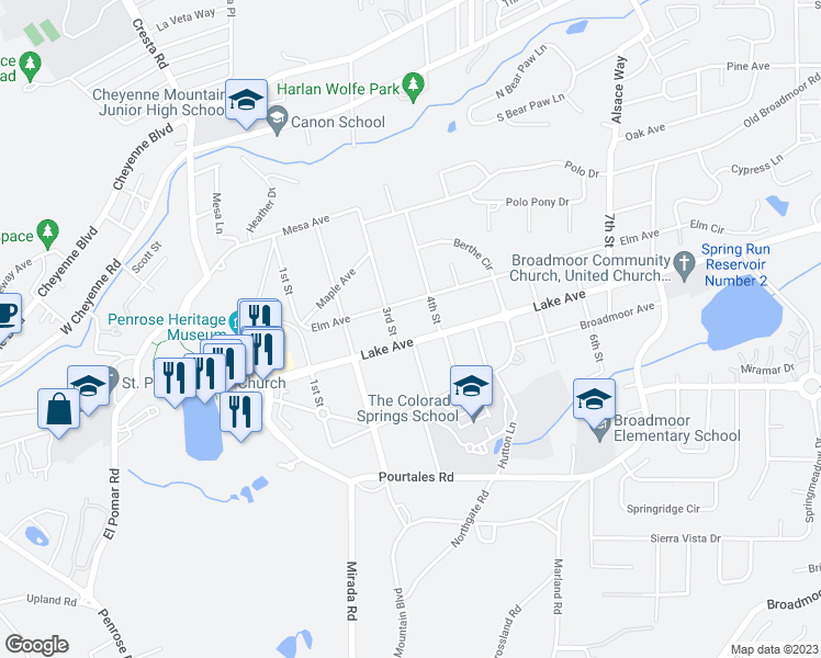 map of restaurants, bars, coffee shops, grocery stores, and more near 14 Lake Avenue in Colorado Springs