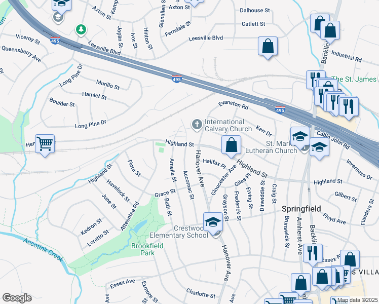 map of restaurants, bars, coffee shops, grocery stores, and more near 5803 Accomac Street in Springfield