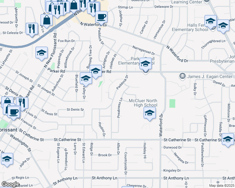 map of restaurants, bars, coffee shops, grocery stores, and more near 1060 Paddock Dr in Florissant