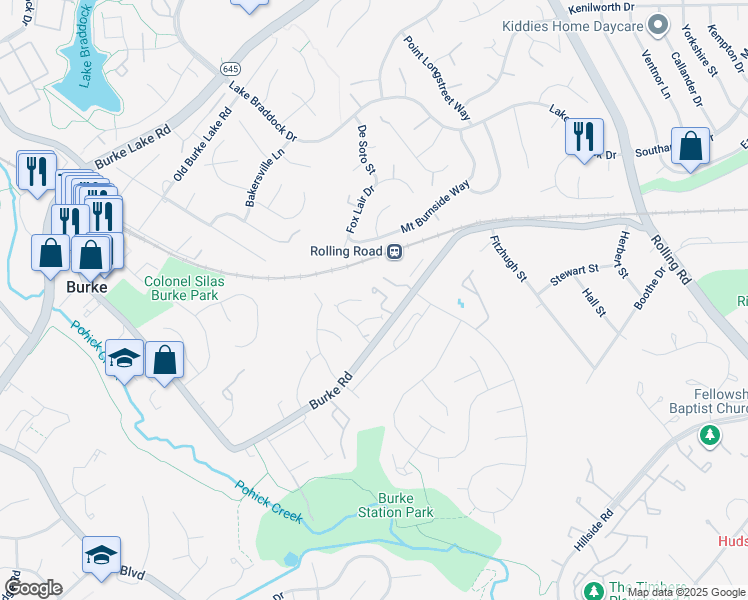 map of restaurants, bars, coffee shops, grocery stores, and more near 9818 Pebble Weigh Court in Burke