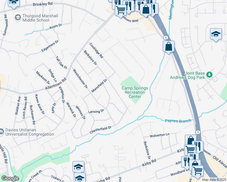 map of restaurants, bars, coffee shops, grocery stores, and more near 7001 Berkshire Drive in Temple Hills