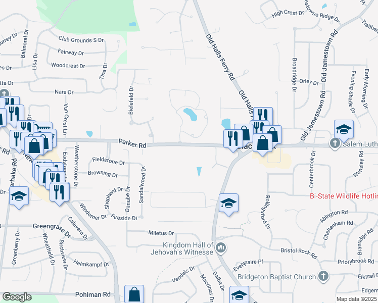 map of restaurants, bars, coffee shops, grocery stores, and more near 4440 Parker Road in Florissant