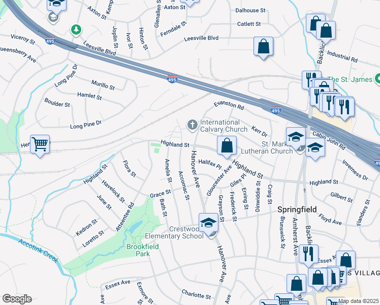 map of restaurants, bars, coffee shops, grocery stores, and more near 5802 Hanover Avenue in Springfield