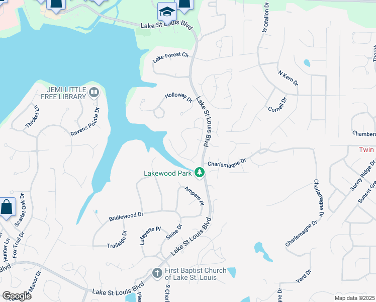 map of restaurants, bars, coffee shops, grocery stores, and more near 674 Lakewood Drive in Lake Saint Louis