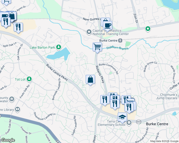 map of restaurants, bars, coffee shops, grocery stores, and more near 5829 Cove Landing Road in Burke