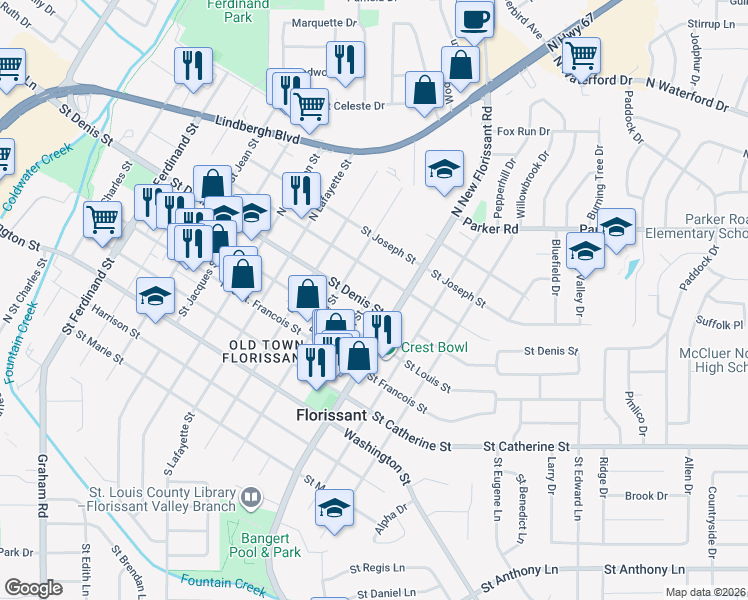 map of restaurants, bars, coffee shops, grocery stores, and more near 1003 Saint Denis Street in Florissant